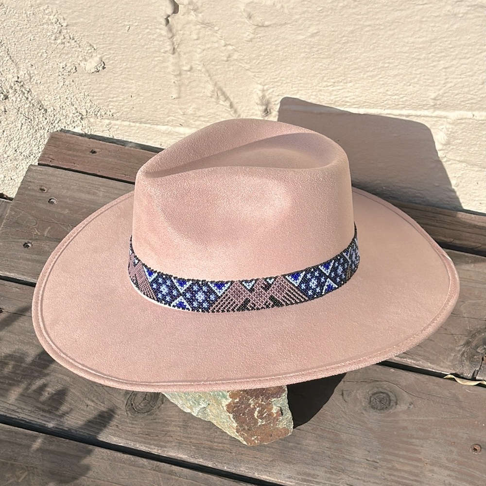 Fedora Hat Pink Suede Mexico Medium Talla Bead Embroidered Band Unisex